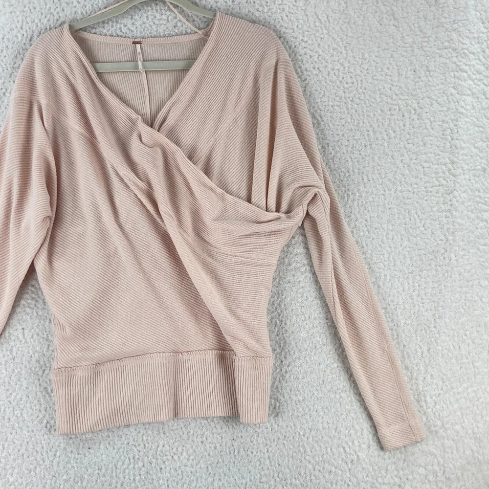 Free People Pink Cozy With You Surplice Pullover Shirt‎ Womens Ribbed Size XS